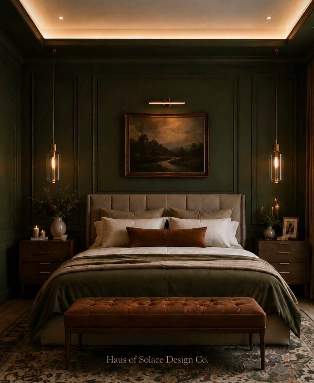 Layered, moody bedroom design by Haus of Solace