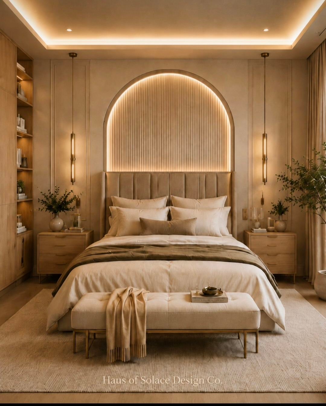 Warm styled bedroom with arched lit headboard by Haus of Solace